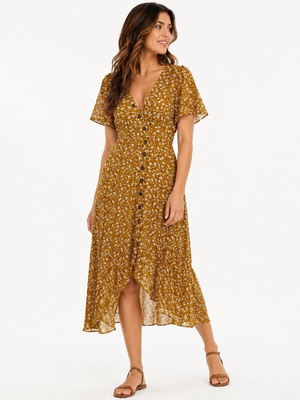 Dad197 Lulus XL Mustard White Floral Button Front Midi Dress Flutter Sleeve